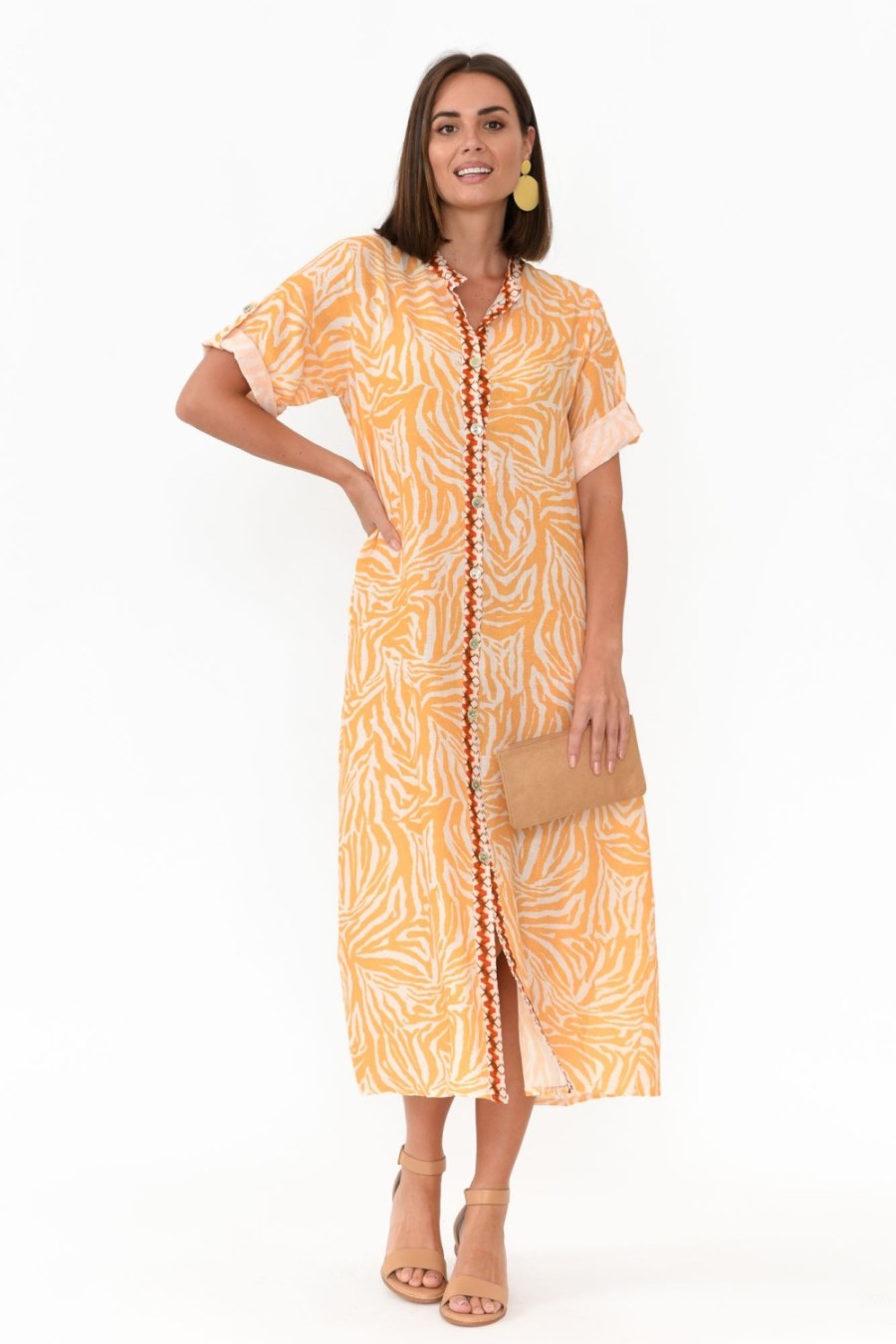 Clothing Fabuler Linen Dresses | Retro Orange Zebra Linen Shirt Dress