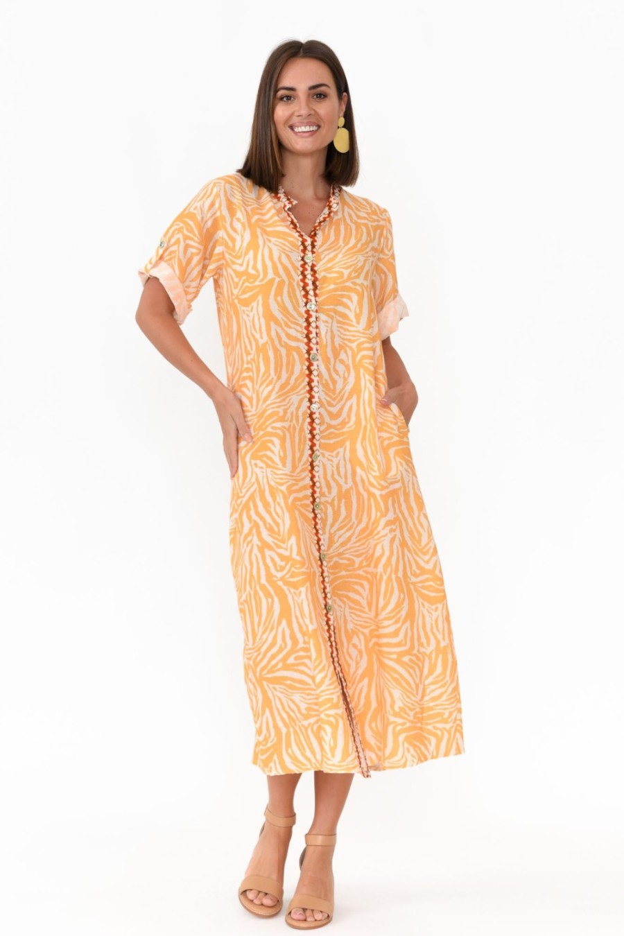 Clothing Fabuler Linen Dresses | Retro Orange Zebra Linen Shirt Dress