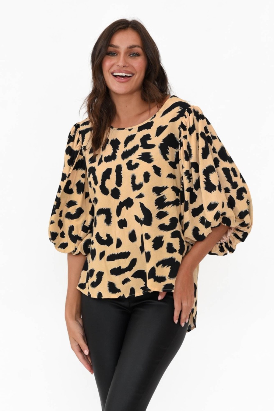 Clothing New U Collection Sleeved Tops | Heath Cream Leopard Puff Sleeve Top