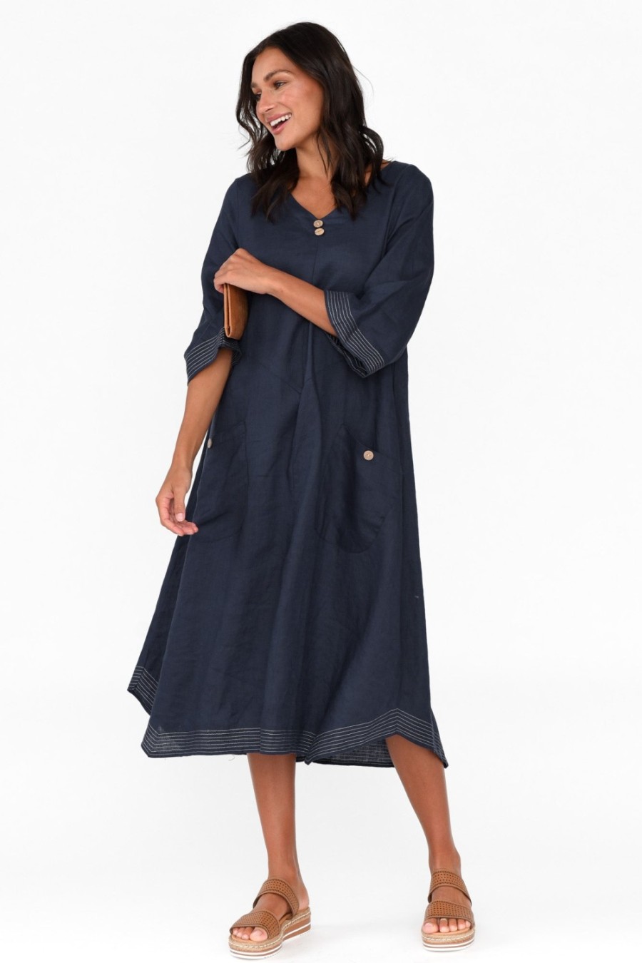 Clothing Cali and Co Linen Dresses | Lolita Navy Linen Pocket Dress