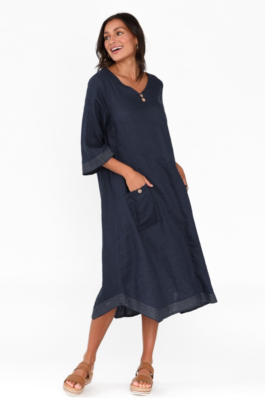 Clothing Cali and Co Linen Dresses | Lolita Navy Linen Pocket Dress