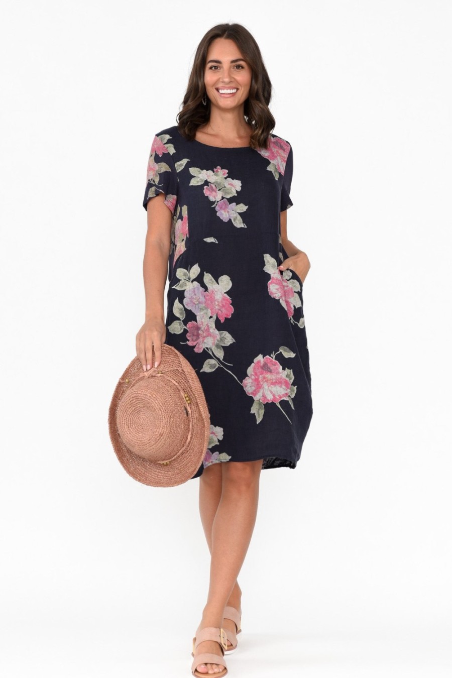 Clothing Cali and Co Linen Dresses | Sawyer Navy Flower Linen Pocket Dress