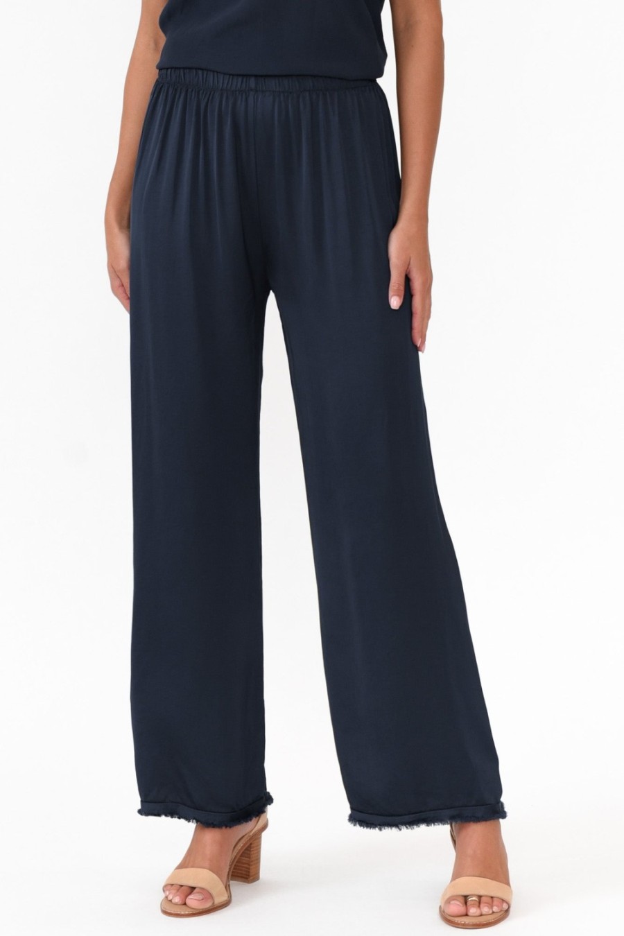 Clothing Italian Closet Pants | Alistair Navy Gloss Frayed Pant