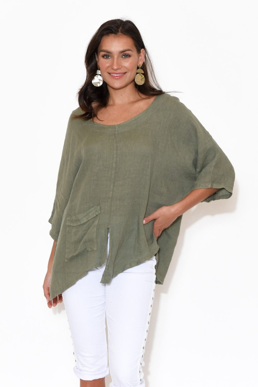 Clothing Talia Benson Linen Tops | Kara Khaki Linen Top