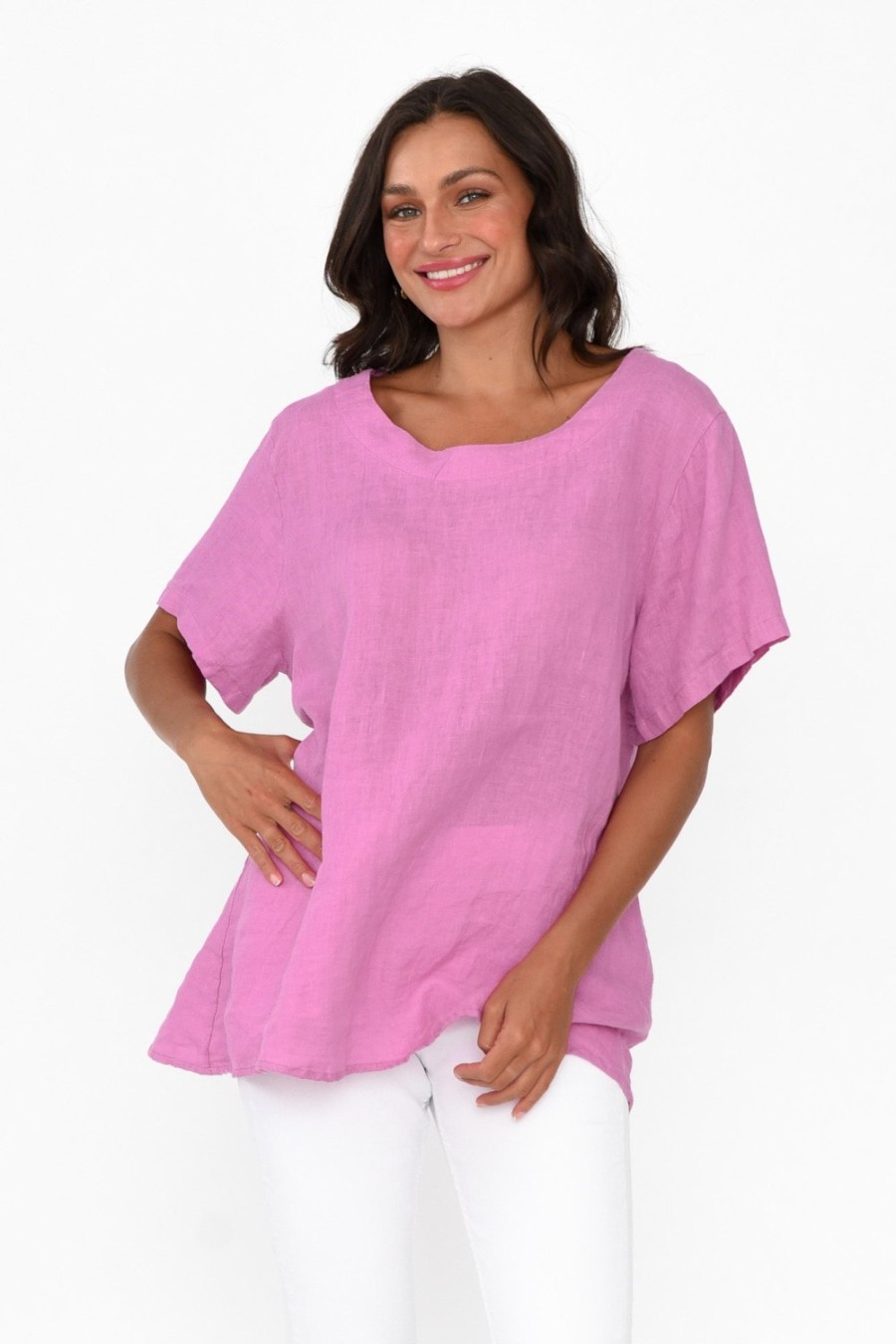 Clothing Cali and Co Linen Tops | Micah Pink Linen Scoop Neck Top