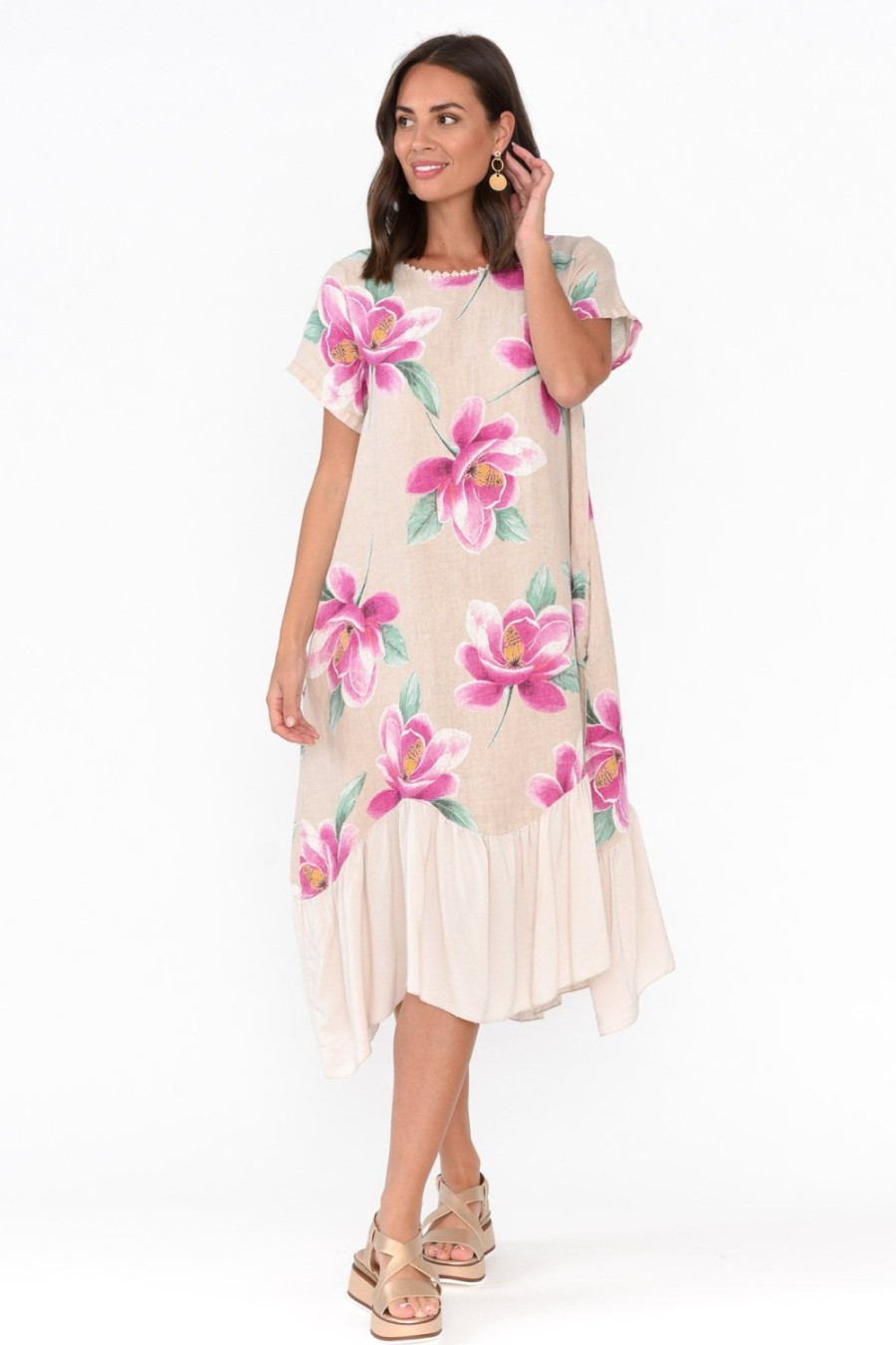 Clothing Fabuler Linen Dresses | Ryker Beige Floral Linen Pocket Dress