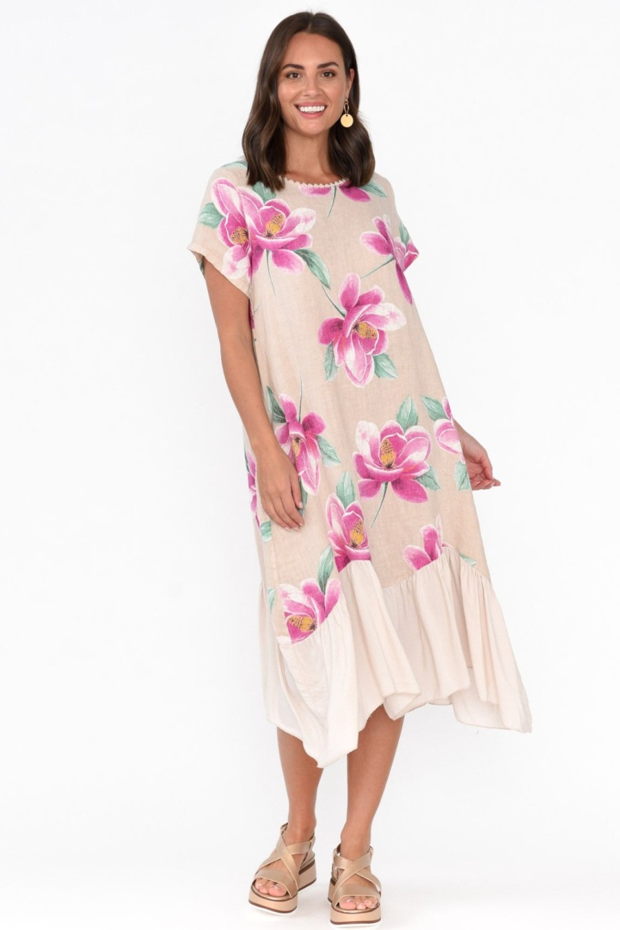 Clothing Fabuler Linen Dresses | Ryker Beige Floral Linen Pocket Dress