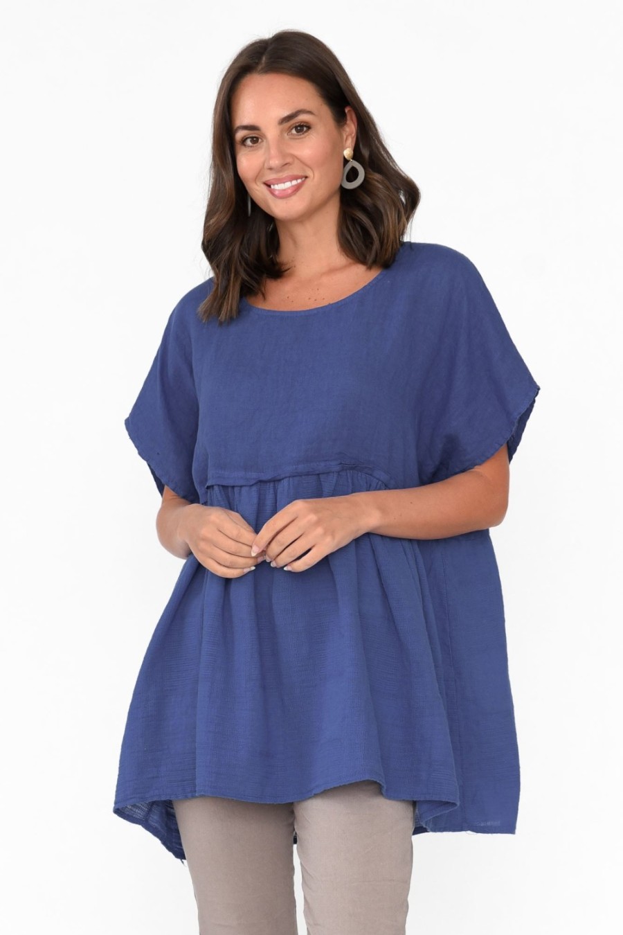 Clothing Donna Donna Linen Tops | Sabre Cobalt Linen Top