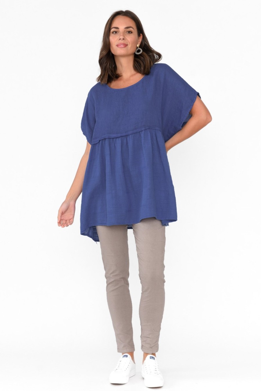 Clothing Donna Donna Linen Tops | Sabre Cobalt Linen Top