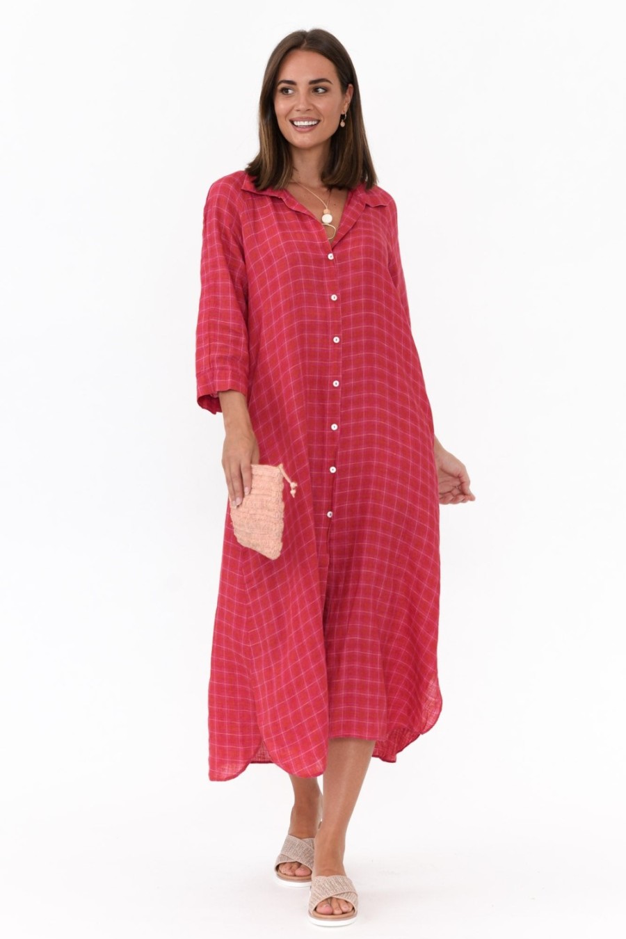 Clothing Soul Sparrow Linen Dresses | Jonah Pink Check Linen Button Dress