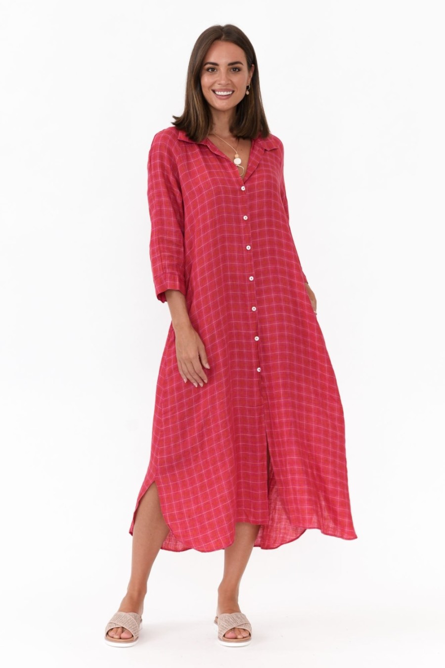 Clothing Soul Sparrow Linen Dresses | Jonah Pink Check Linen Button Dress