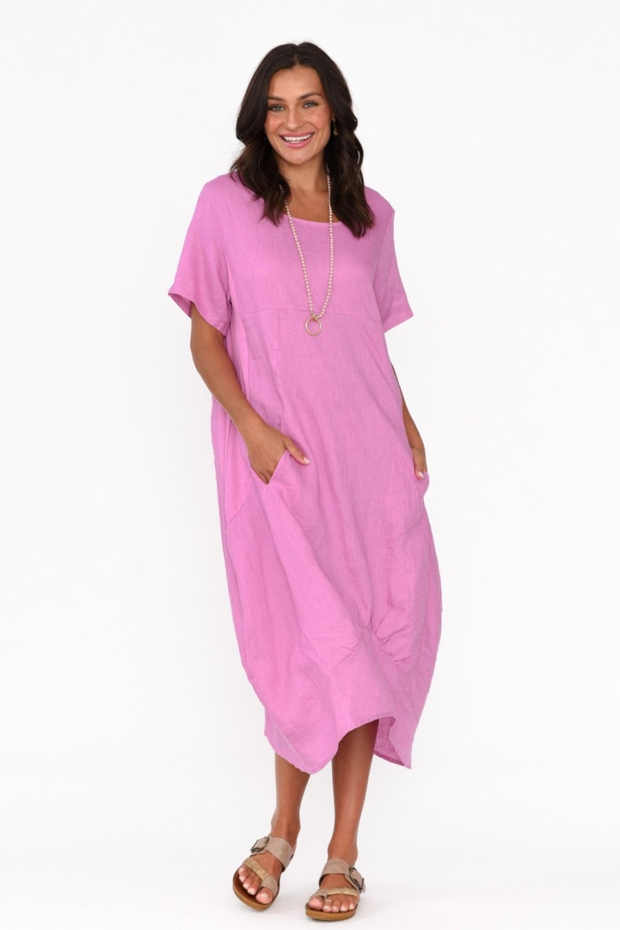 Clothing Cali and Co Linen Dresses | Kandace Pink Linen Pocket Dress