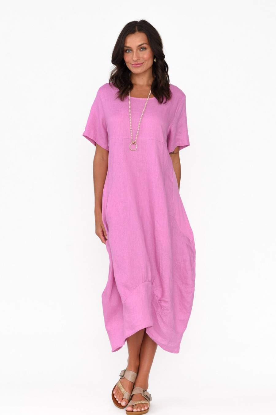 Clothing Cali and Co Linen Dresses | Kandace Pink Linen Pocket Dress