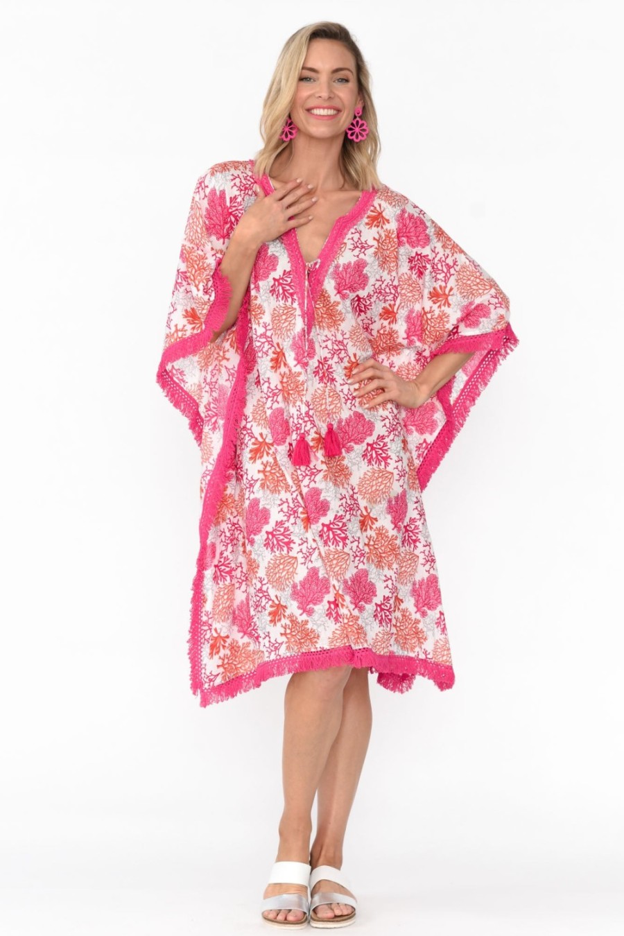 Clothing Mozaic Cotton Dresses | Bedarra Pink Coral Cotton Kaftan