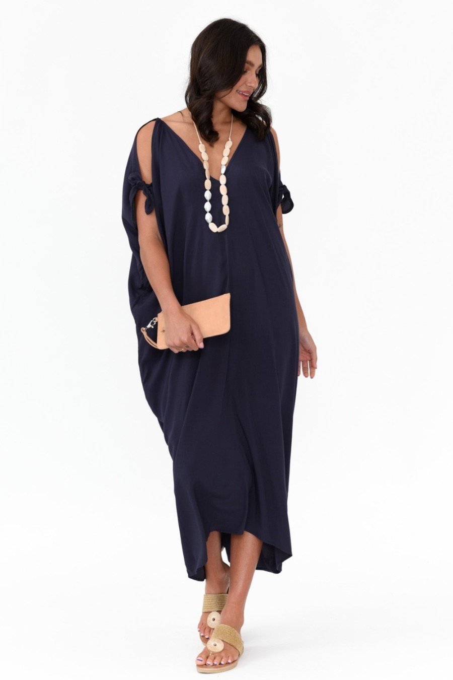 Clothing Slate the Label Maxi Dresses | Miranda Navy Cold Shoulder Kaftan