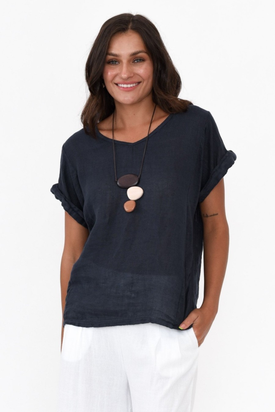 Clothing Talia Benson Linen Tops | Anna Navy Linen Tee