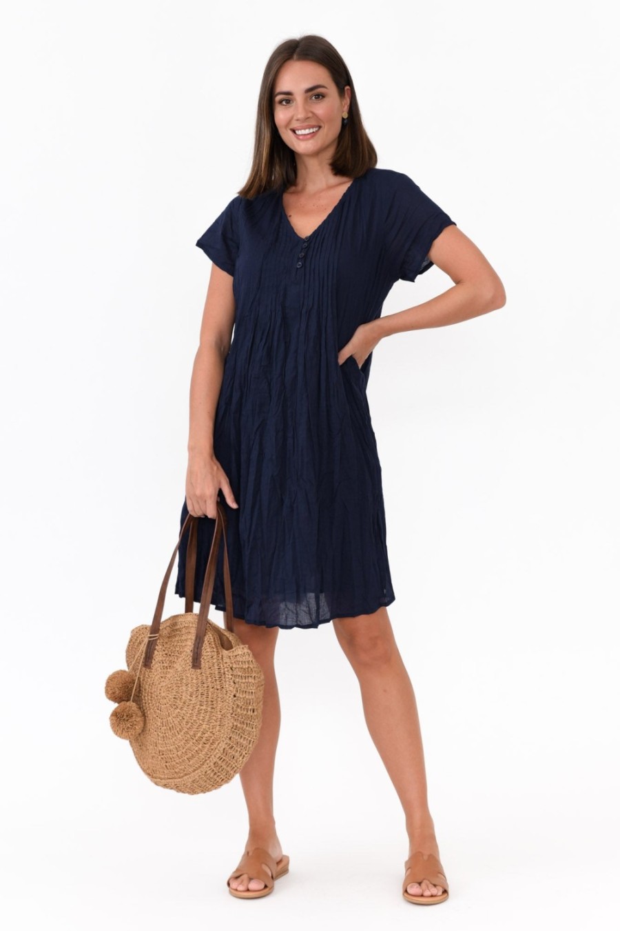 Clothing One Summer Cotton Dresses | Bobbie Navy Crinkle Cotton Dress