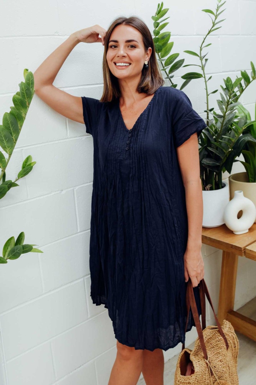 Clothing One Summer Cotton Dresses | Bobbie Navy Crinkle Cotton Dress