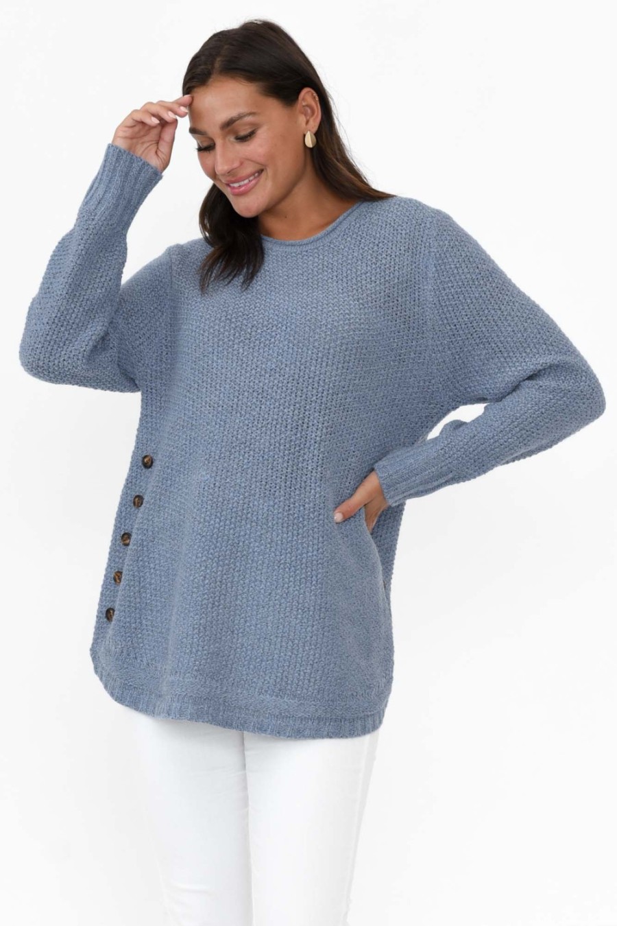 Clothing Willow Tree Cotton Tops | Lucas Blue Knit Button Jumper