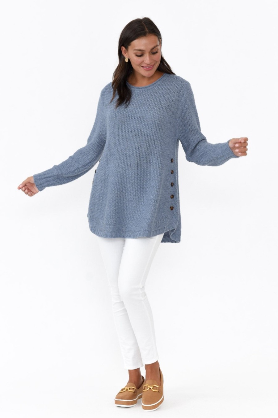 Clothing Willow Tree Cotton Tops | Lucas Blue Knit Button Jumper