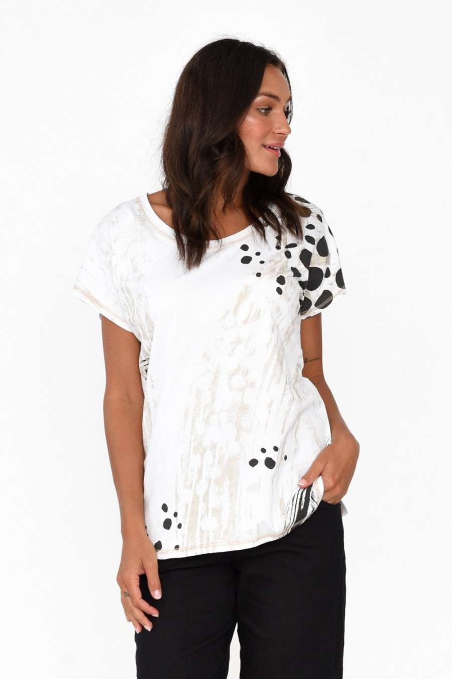 Clothing Cafe Latte Cotton Tops | Joetta Gold Animal Cotton Foil Top