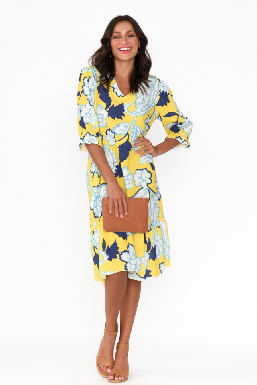 Clothing La Strada Linen Dresses | Reiko Yellow Floral Linen Blend Dress