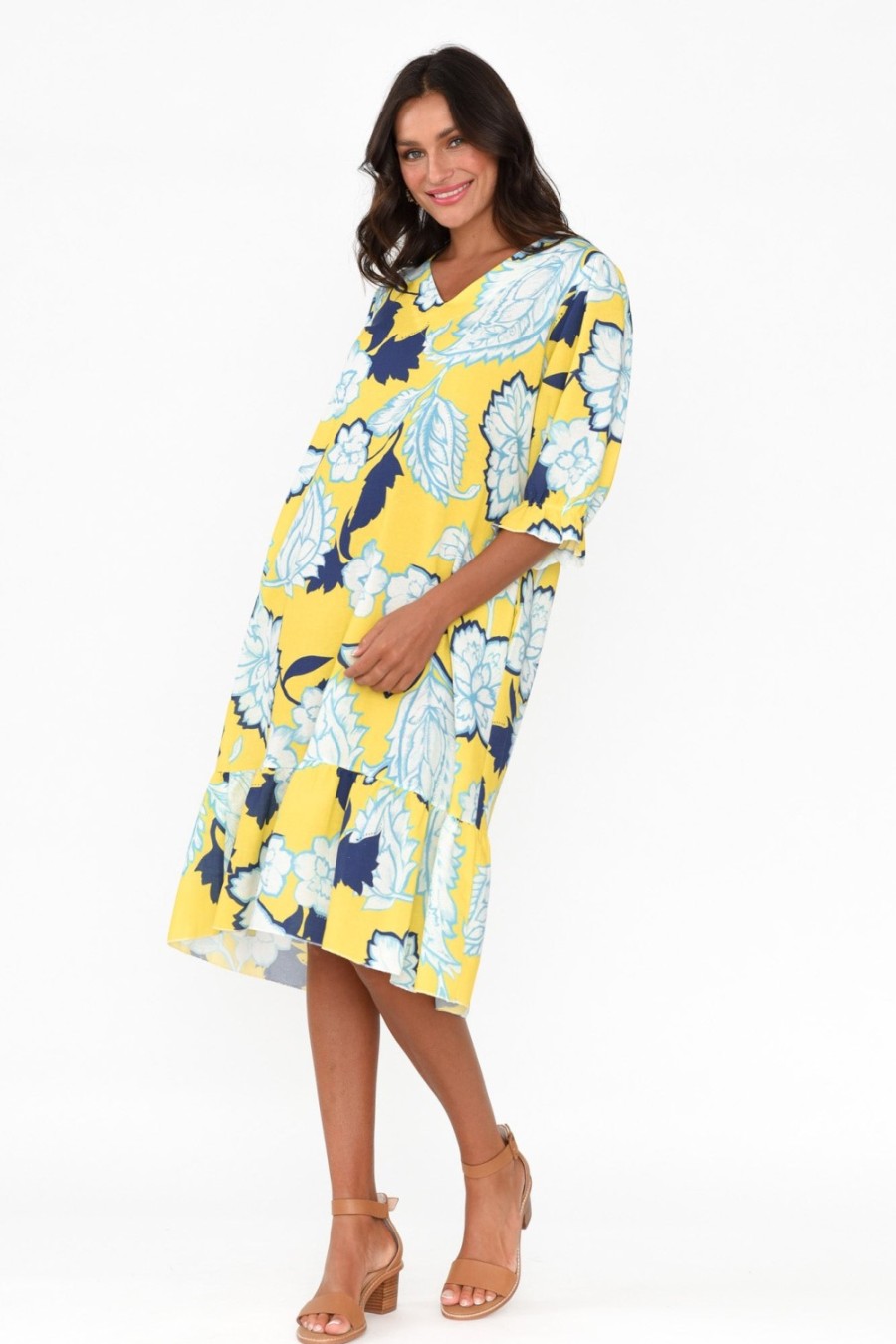 Clothing La Strada Linen Dresses | Reiko Yellow Floral Linen Blend Dress