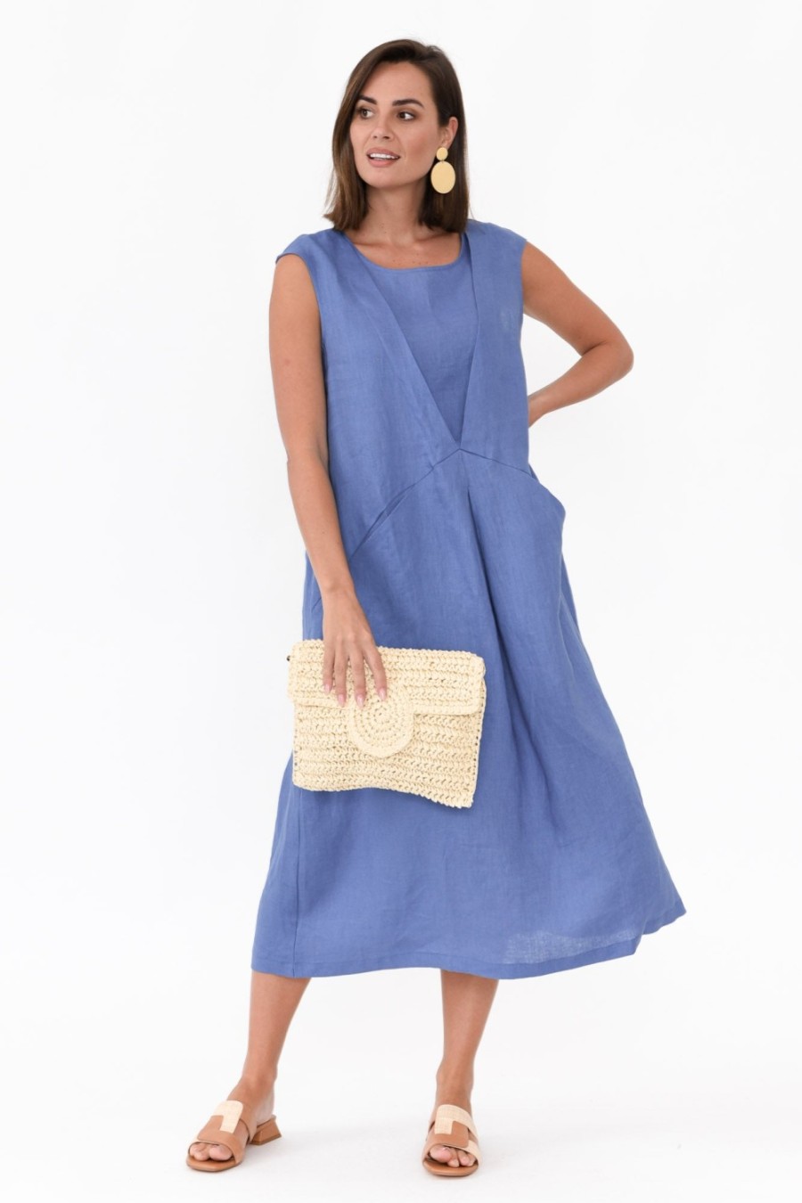 Clothing Tirelli Linen Dresses | Jaden Blue V Flange Linen Dress