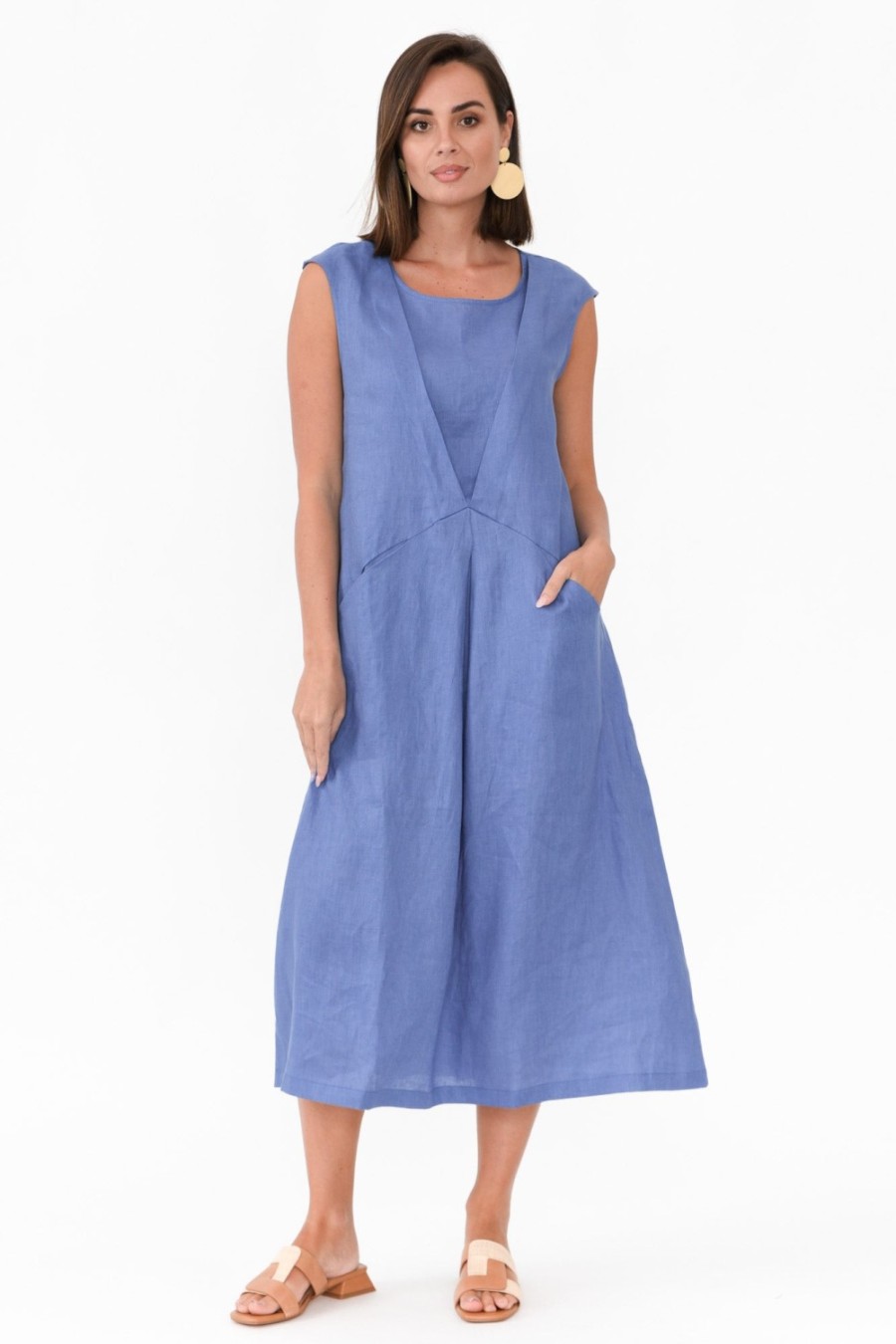 Clothing Tirelli Linen Dresses | Jaden Blue V Flange Linen Dress