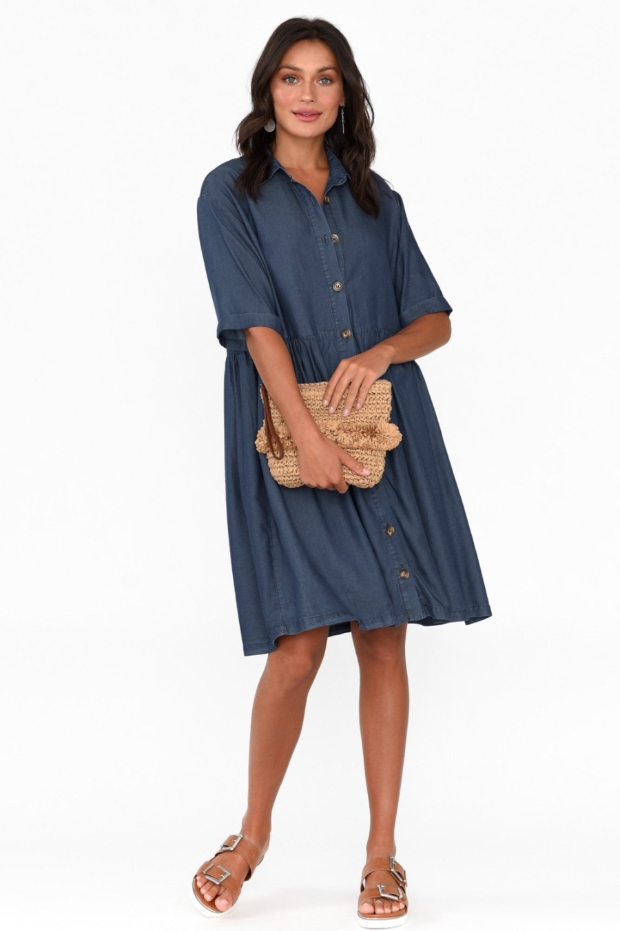 Clothing Betty Basics Above Knee Dresses | Miley Blue Denim Shirt Dress