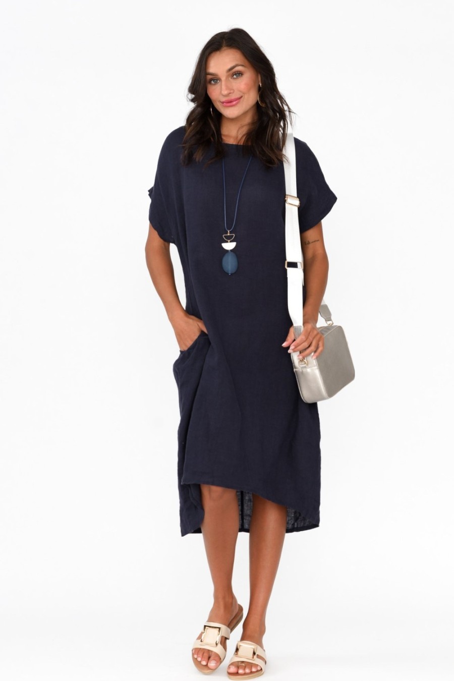 Clothing Cali and Co Linen Dresses | Rudy Navy Linen Pocket Dress