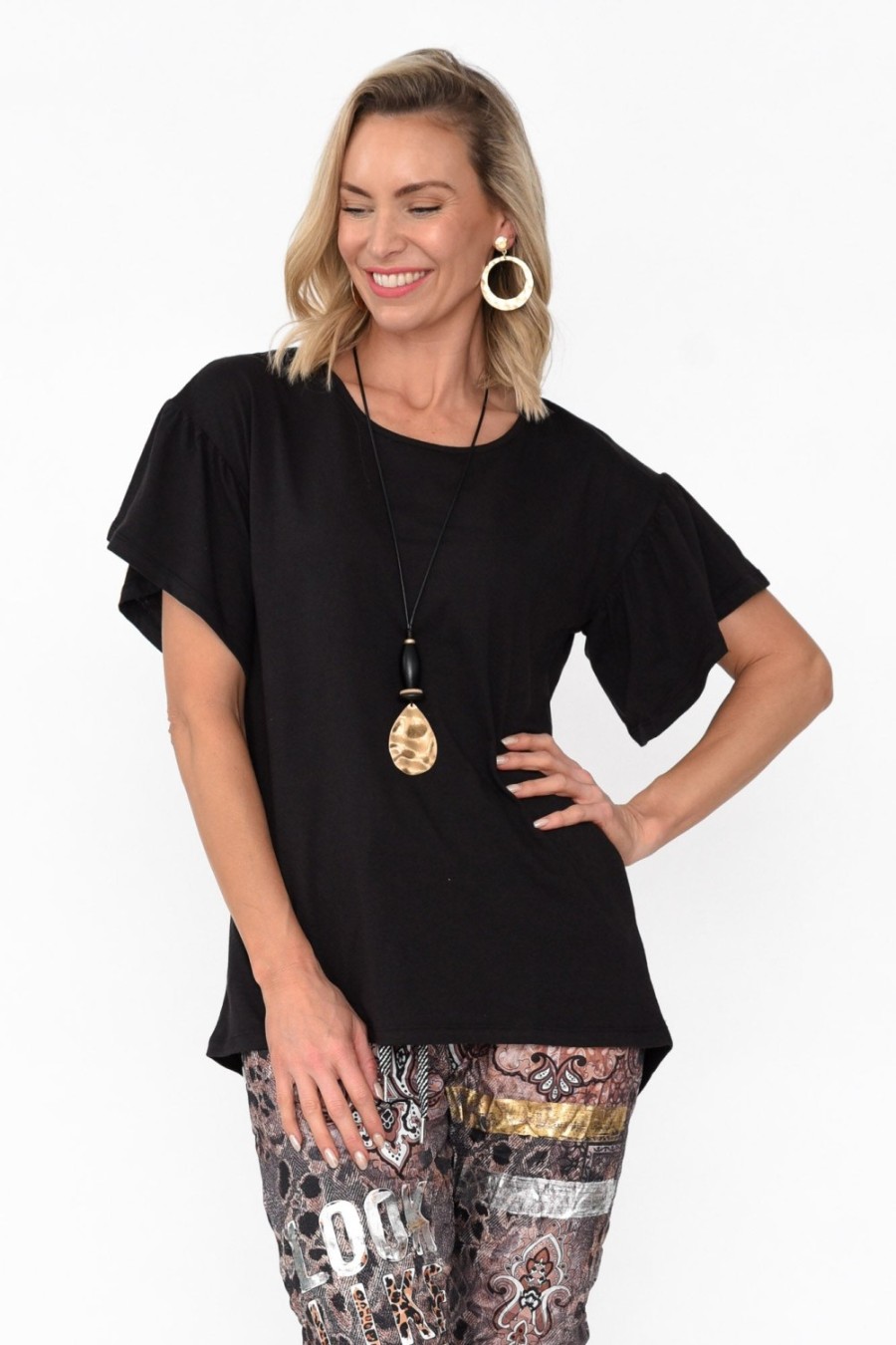 Clothing Betty Basics Cotton Tops | Alessia Black Cotton Blend Frill Top