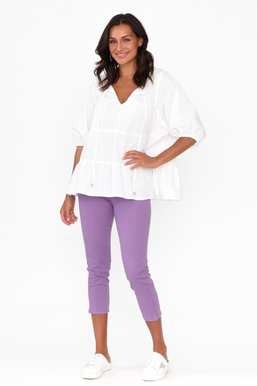 Clothing Cafe Latte Pants | Reed Lilac Stretch Cotton Capri Pant