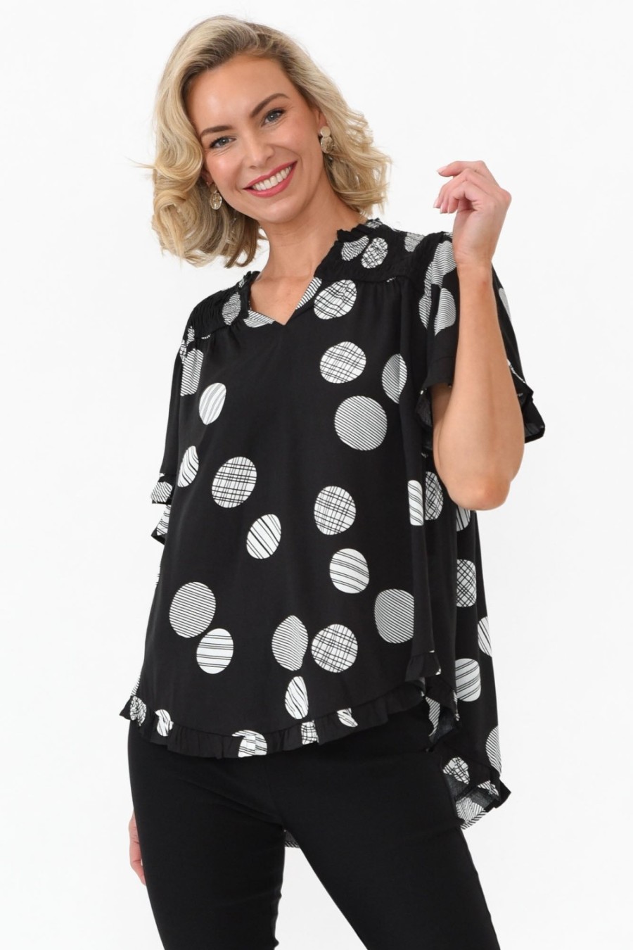 Clothing Willow Tree Sleeved Tops | Malika Black Spot Frill Top