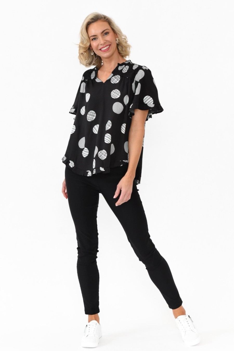 Clothing Willow Tree Sleeved Tops | Malika Black Spot Frill Top