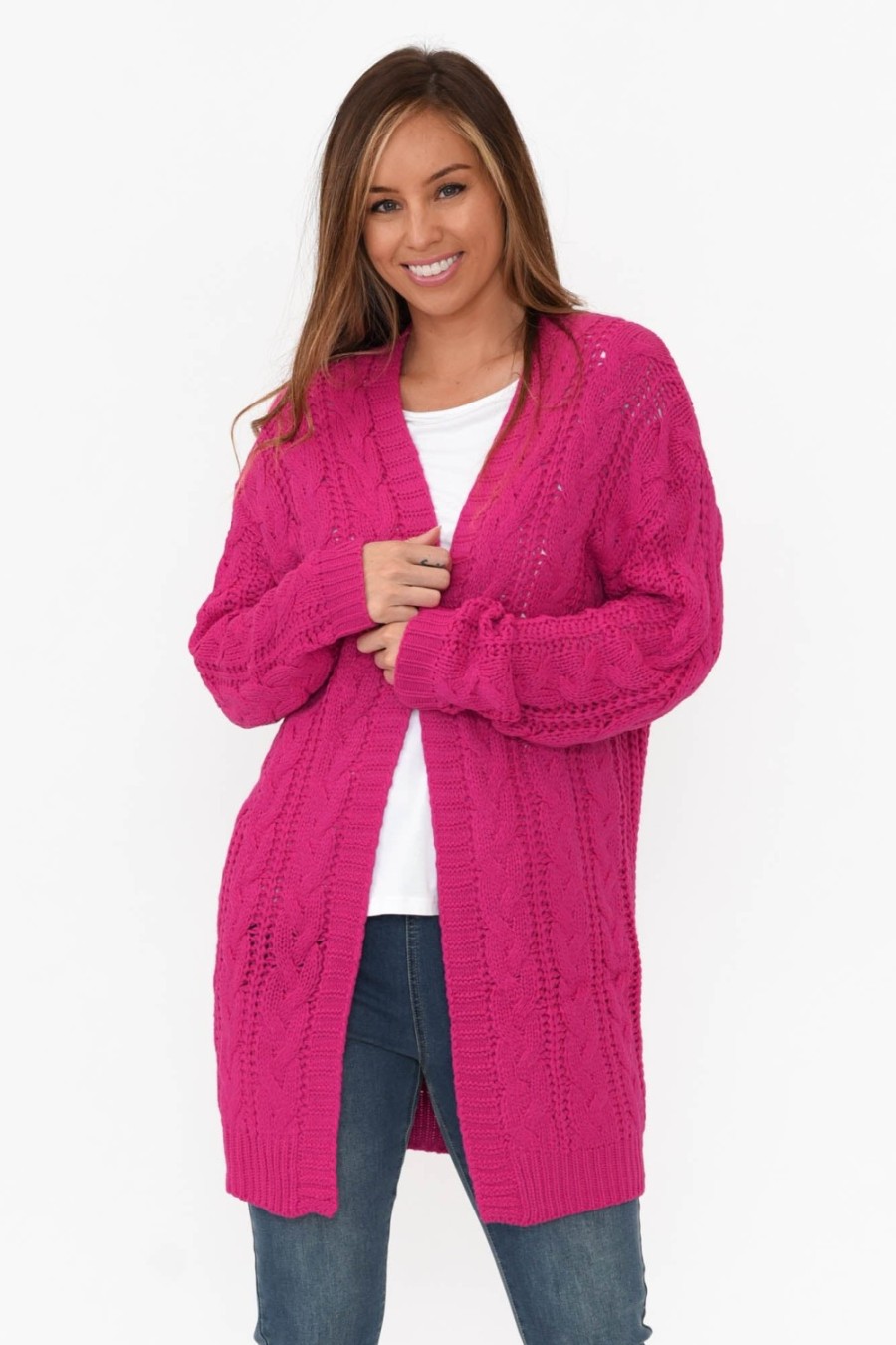 Clothing Isabella Boho Knitwear | Sutton Hot Pink Cable Knit Cardigan