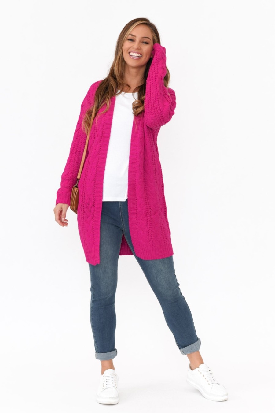 Clothing Isabella Boho Knitwear | Sutton Hot Pink Cable Knit Cardigan