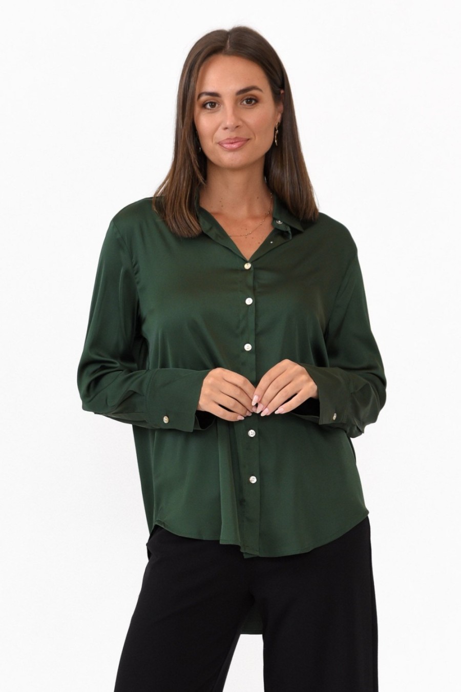 Clothing 365 Days Shirts | Honor Dark Green Satin Shirt