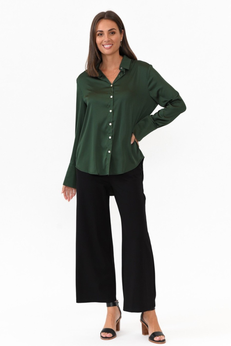 Clothing 365 Days Shirts | Honor Dark Green Satin Shirt