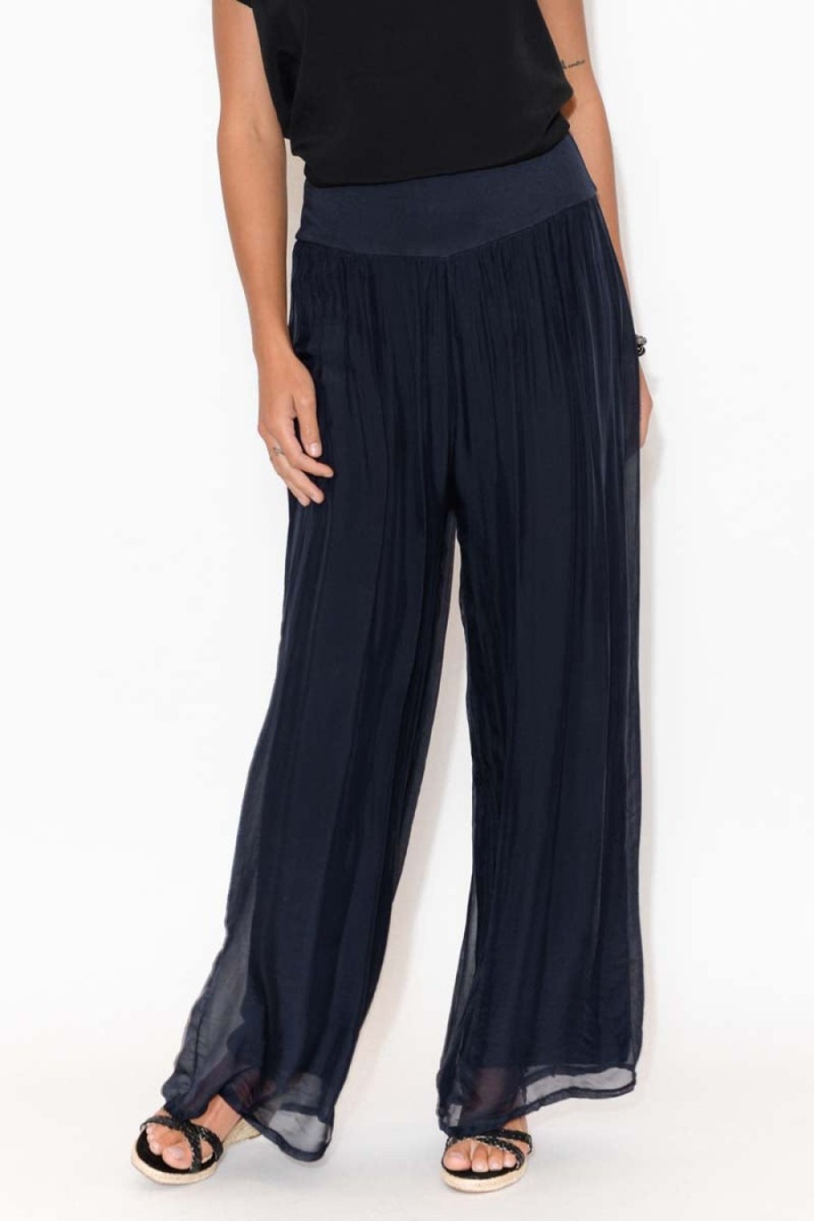 Clothing La Strada Pants | Laurier Navy Silk Wide Leg Pant