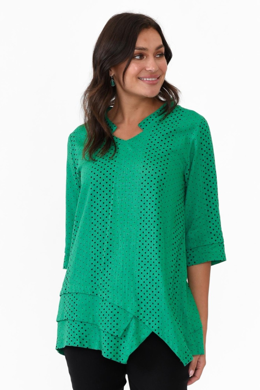 Clothing Hourglass Linen Tops | Adara Green Dot Linen Cotton Top