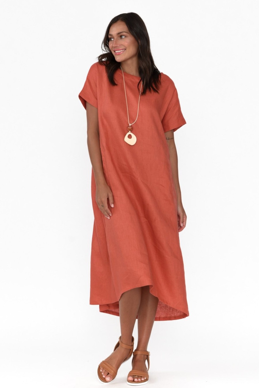 Clothing Tirelli Linen Dresses | Zeffie Rust Linen Pocket Dress