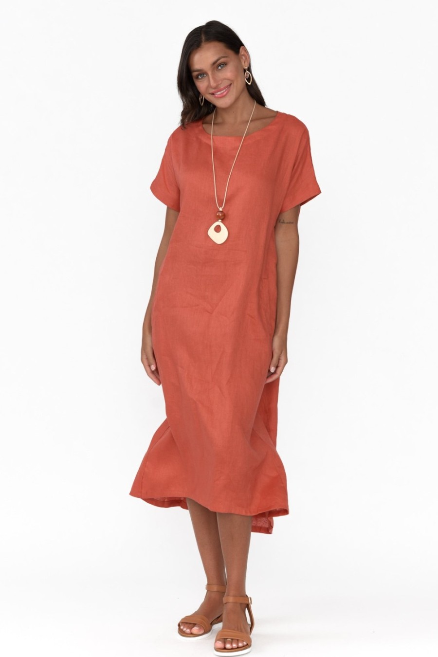 Clothing Tirelli Linen Dresses | Zeffie Rust Linen Pocket Dress