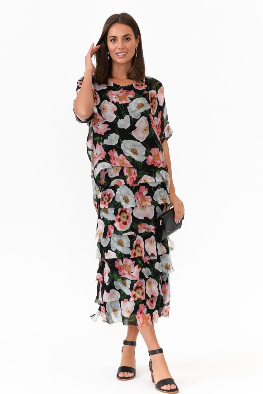 Clothing La Strada Maxi Dresses | Katerina Black Blossom Silk Overlay Maxi Dress