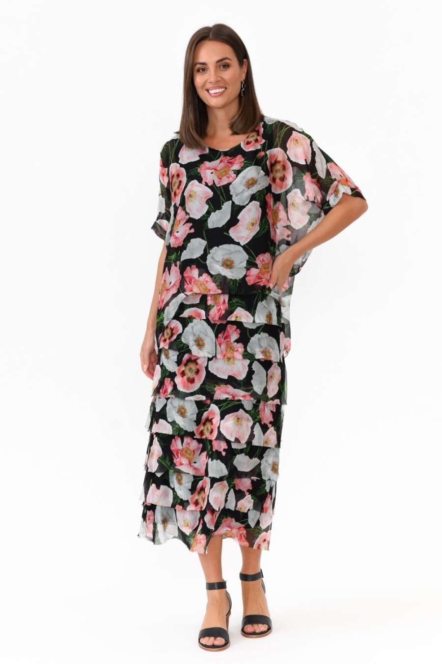 Clothing La Strada Maxi Dresses | Katerina Black Blossom Silk Overlay Maxi Dress