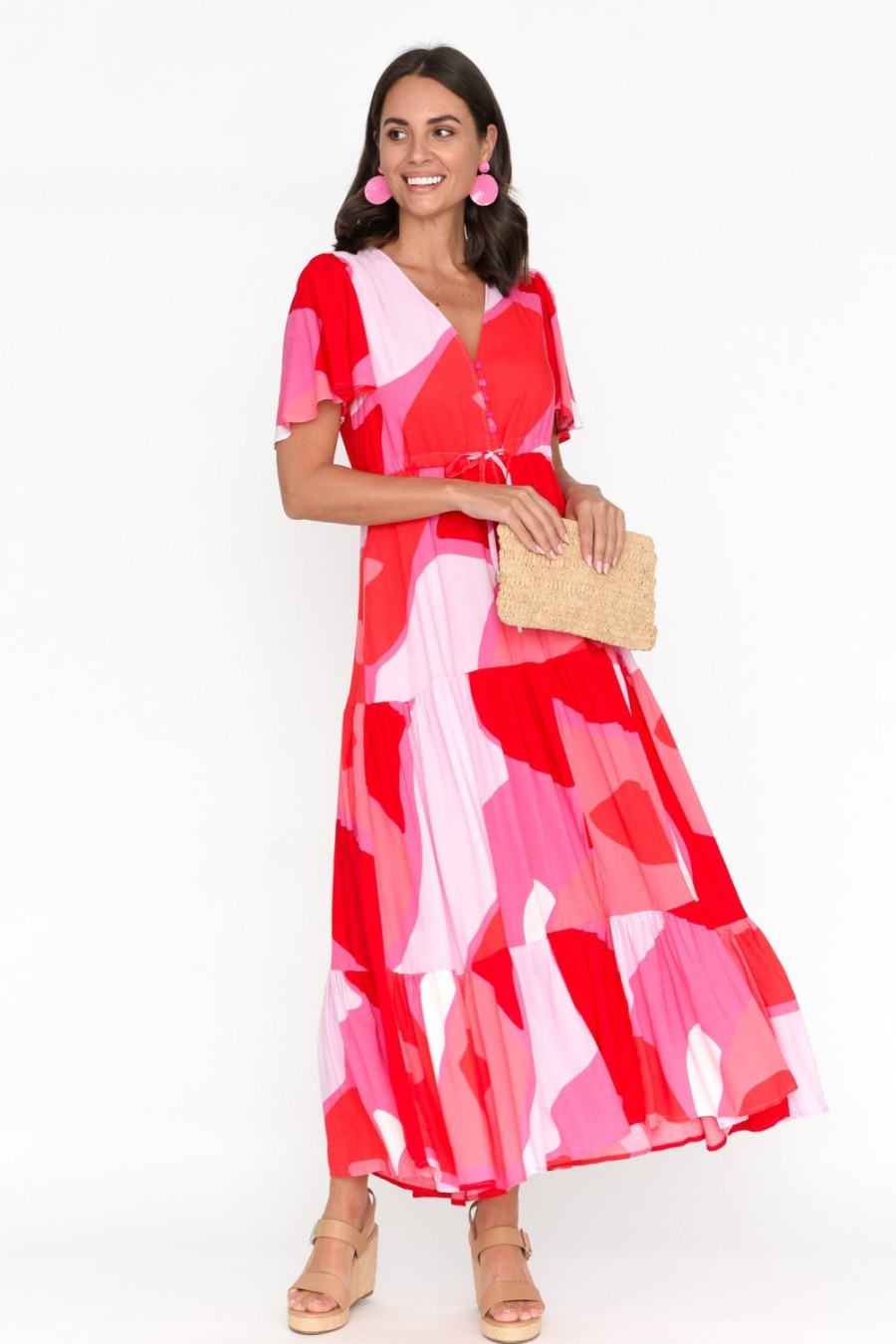 Clothing Silver Wishes Maxi Dresses | Cooper Red Abstract Tier Dress