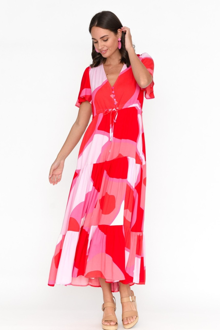 Clothing Silver Wishes Maxi Dresses | Cooper Red Abstract Tier Dress