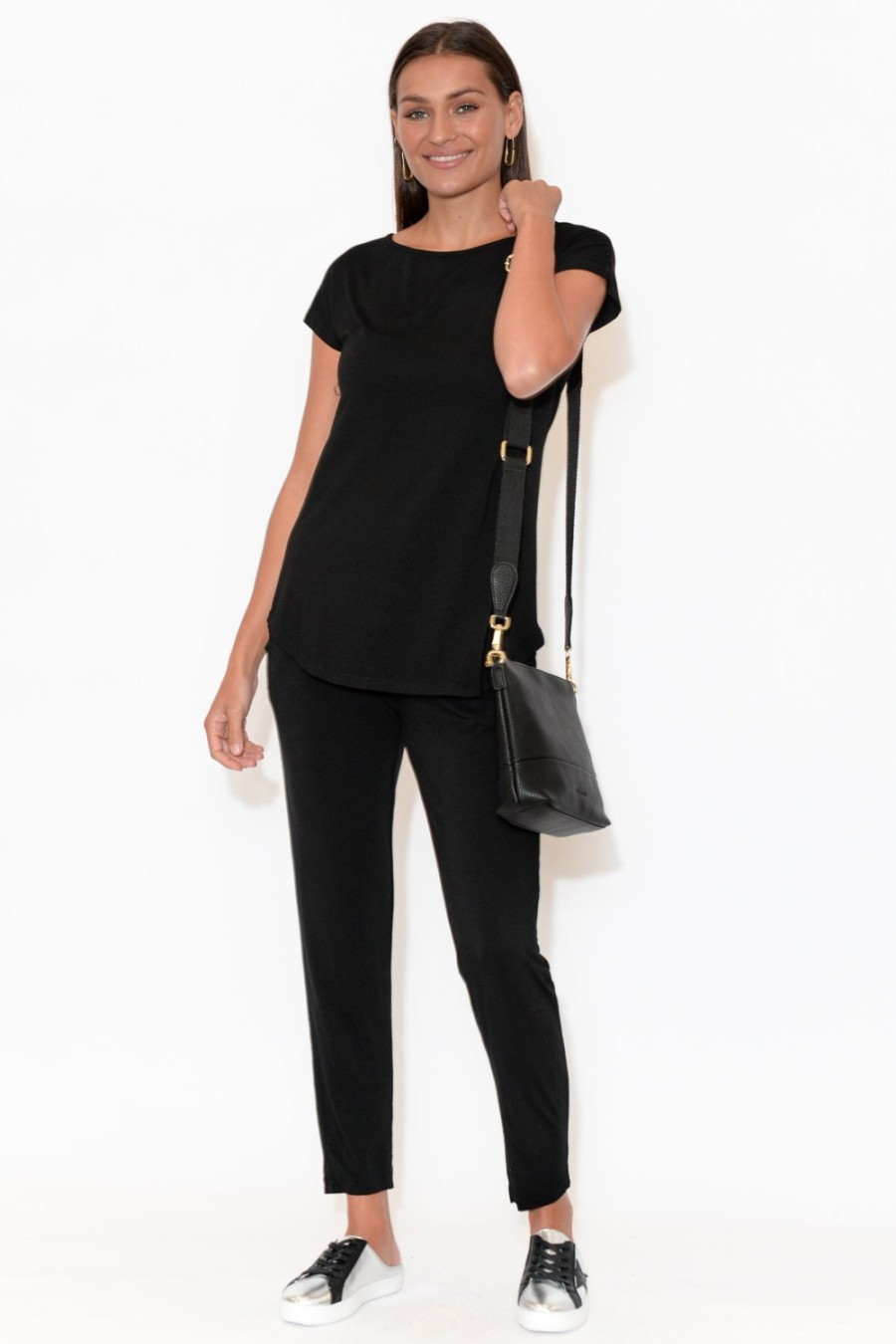 Clothing Bamboo Body Sleeved Tops | Pia Black Bamboo Boatneck Tee