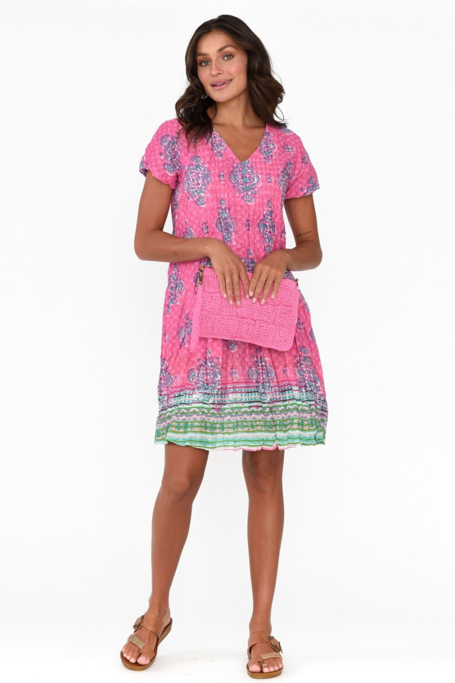 Clothing One Summer Cotton Dresses | Sabina Pink Geo Crinkle Cotton Dress