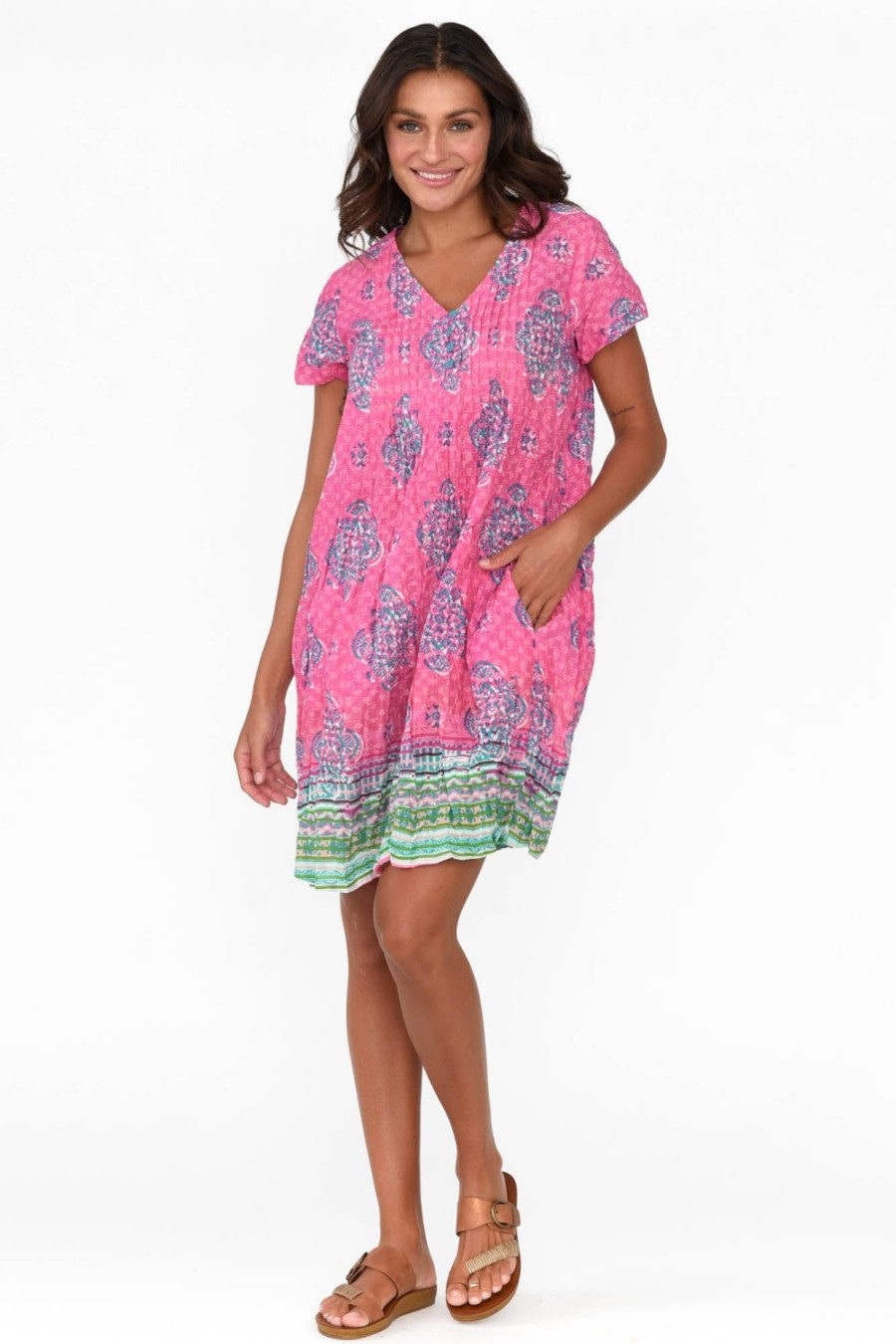 Clothing One Summer Cotton Dresses | Sabina Pink Geo Crinkle Cotton Dress